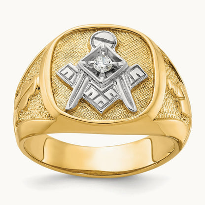 w/ White RH IBGoodman Textured Diamond Blue Lodge Masonic Ring, 14K