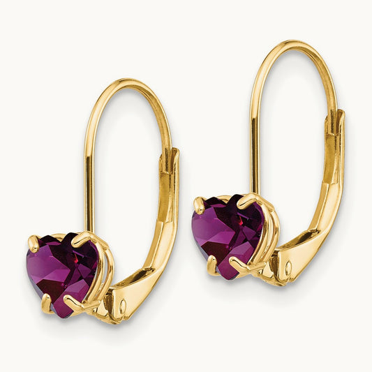 Heart Rhodolite Garnet Leverback Earrings, 5mm, 14K
