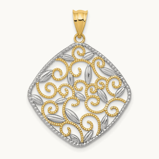 w/Rhodium Diamond-Cut Filigree Swirl Pendant, 14K