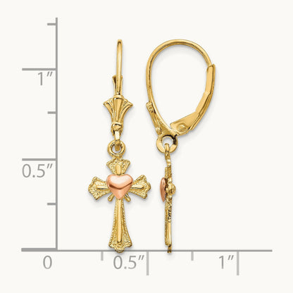 Heart on Cross Leverback Earrings, 14K Two-tone