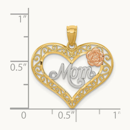 w/White Rhodium D/C MOM in Heart w/Rose Pendant, 14K Two-tone