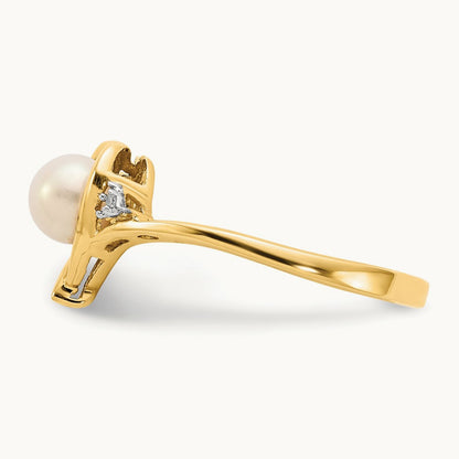 Freshwater Cultured Pearl and Diamond Heart Ring — 14K Yellow Gold, 7