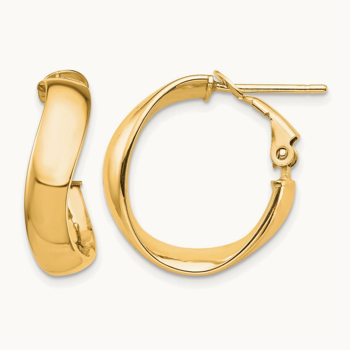High Polished Wavy Omega Back Hoop Earrings — 14K Yellow Gold