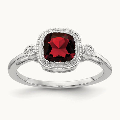 Cushion Garnet and Diamond Ring — 14K White Gold, 7