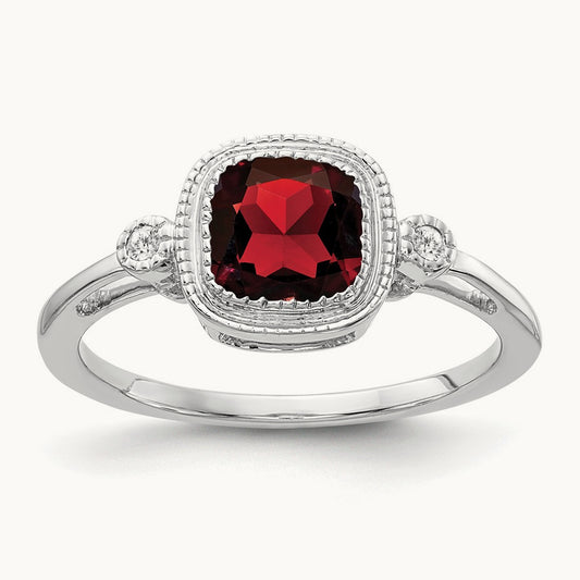 Cushion Garnet and Diamond Ring — 14K White Gold, 7