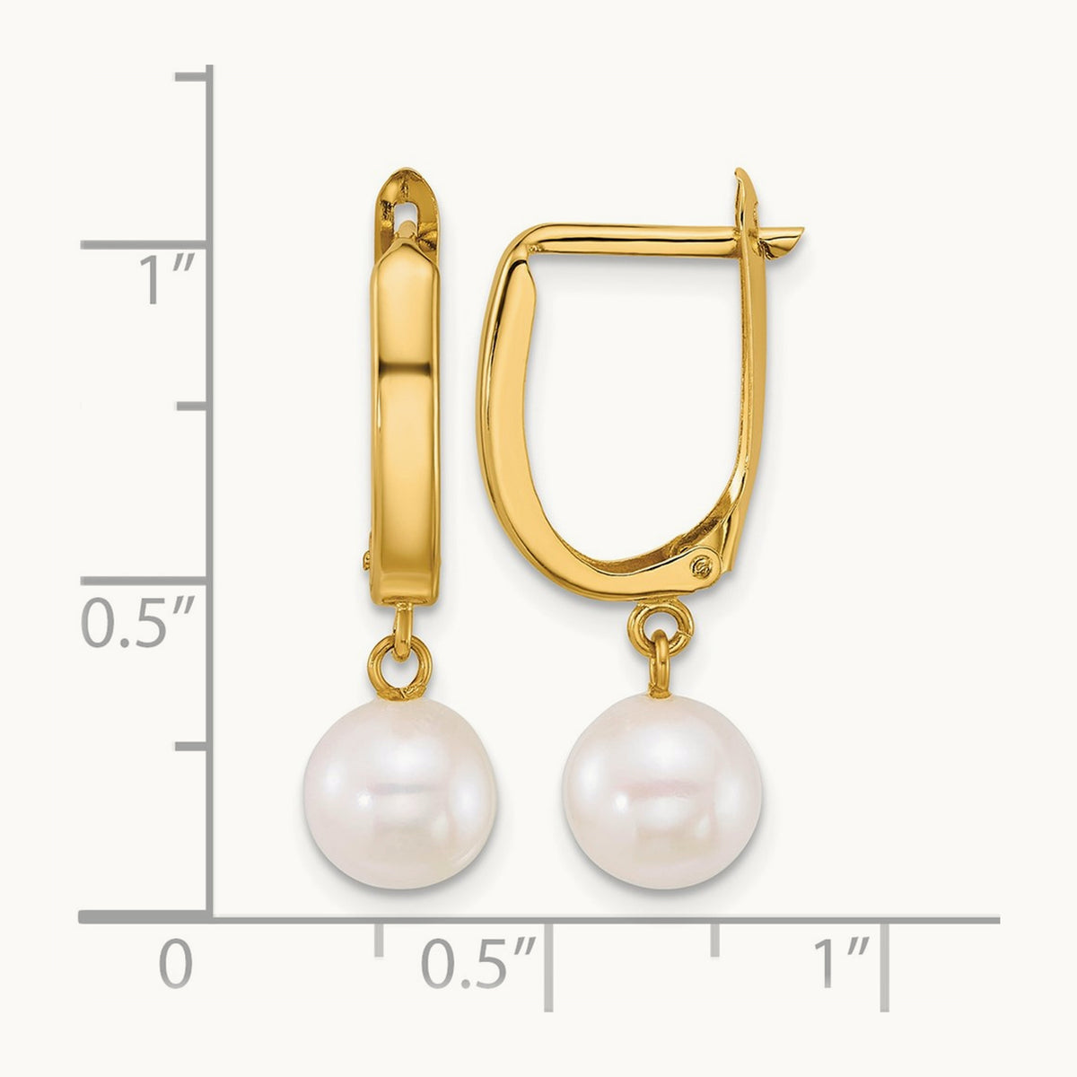 7- Round White FW Cultured Pearl Dangle Hoop Earrings, 8mm, 14K