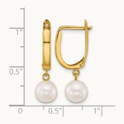 7- Round White FW Cultured Pearl Dangle Hoop Earrings, 8mm, 14K