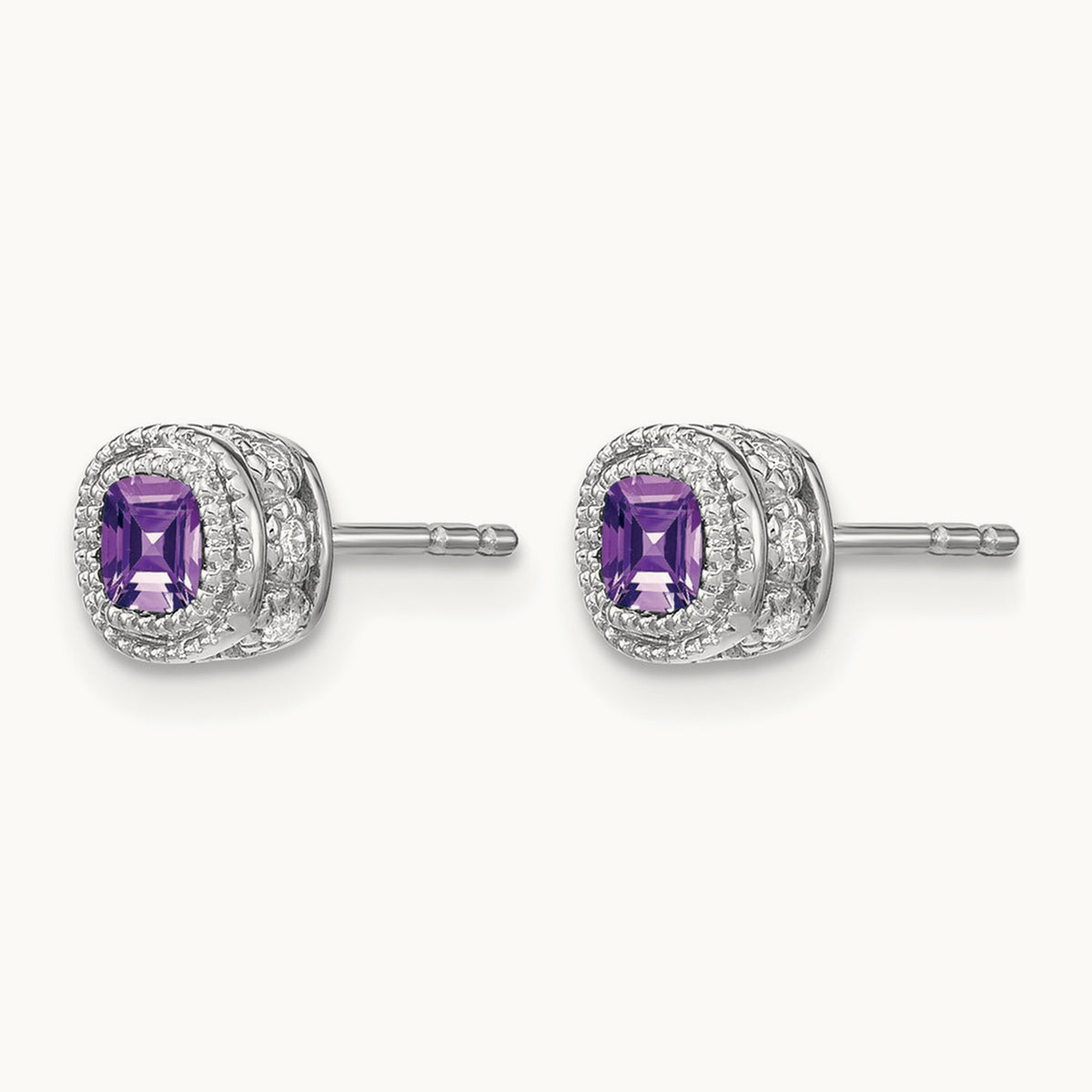 Cushion Amethyst and Diamond Earrings — 14K White Gold