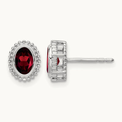 Oval Garnet Post Earrings — 14K White Gold