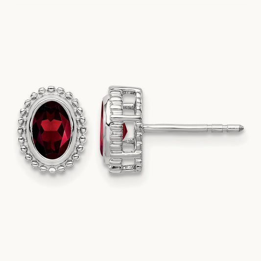 Oval Garnet Post Earrings — 14K White Gold