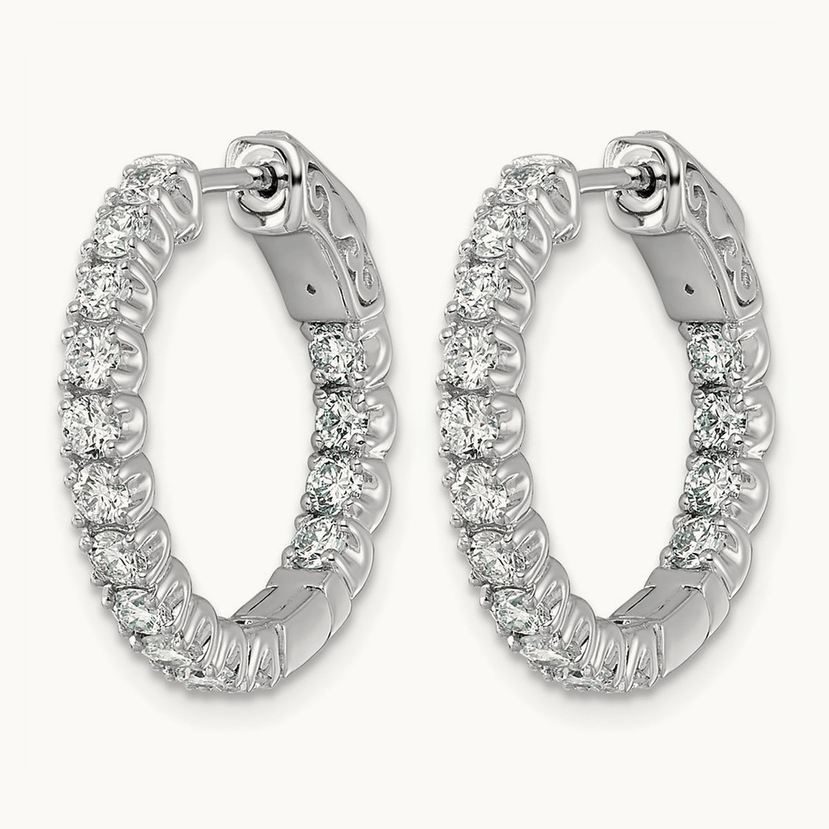Diamond Round Hoop w/Safety Clasp Earrings, 14K White Gold
