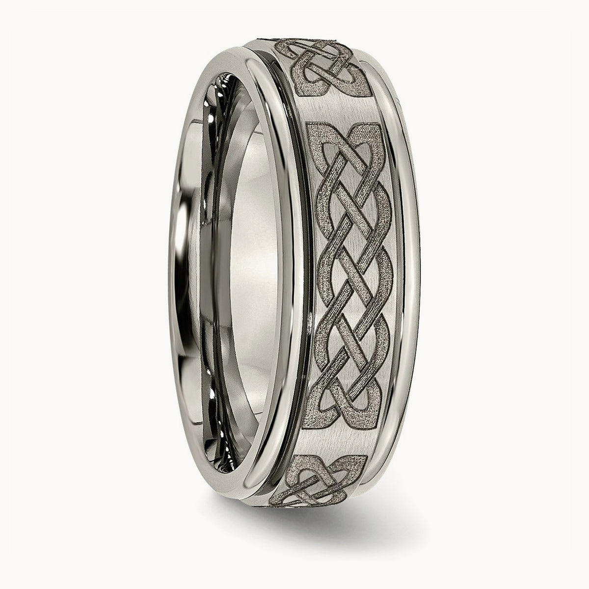 Brushed & Polished Celtic Laser Design Ridged Edge Band, 8mm, Titanium