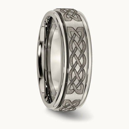 Brushed & Polished Celtic Laser Design Ridged Edge Band, 8mm, Titanium