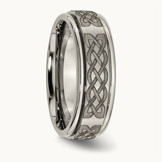Brushed & Polished Celtic Laser Design Ridged Edge Band, 8mm, Titanium