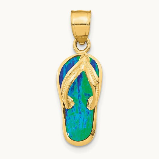 Polished 3D w/Created Blue Opal Flip Flop Pendant, 14K