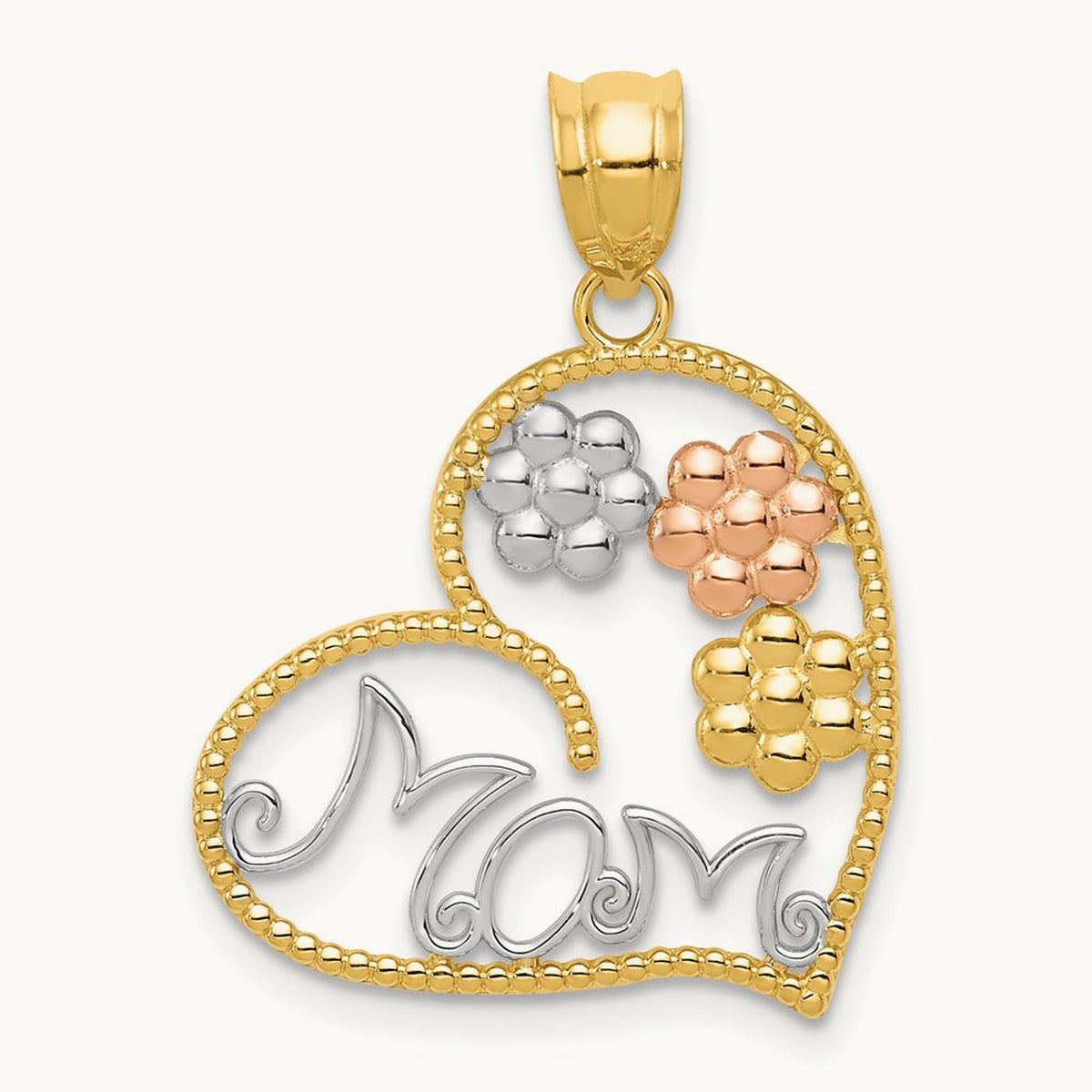 Tricolor MOM & Flowers Pendant, 14K