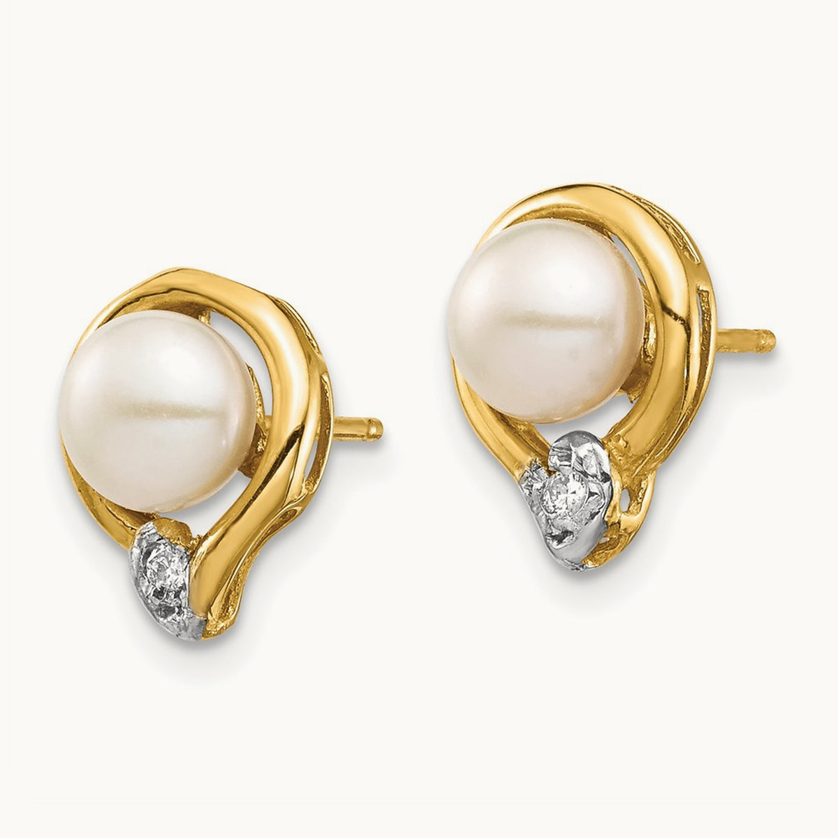 5- White Button FW Cultured Pearl .02ct Diamond Post Earrings, 6mm, 14K