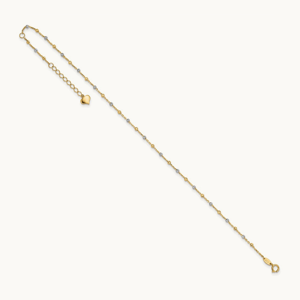 Polished and Diamond-cut Beads 10in Plus 1in ext. Anklet, 14K Two-tone