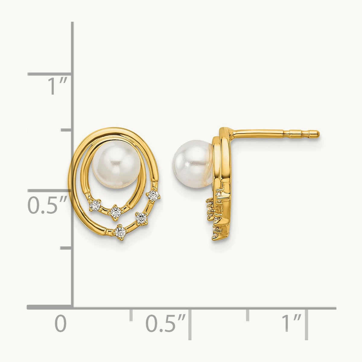 Polished Diamond and Pearl Ovals Drop Post Earrings, 14K