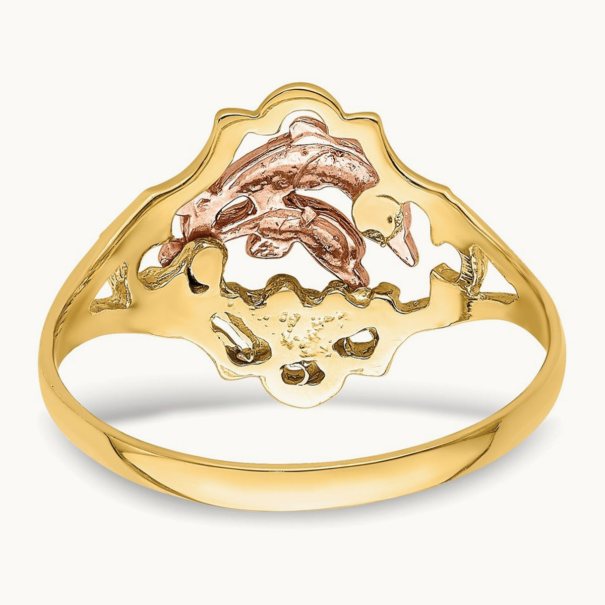 W/Rhodium Double Dolphin Ring, 14K Yellow with Rose Gold