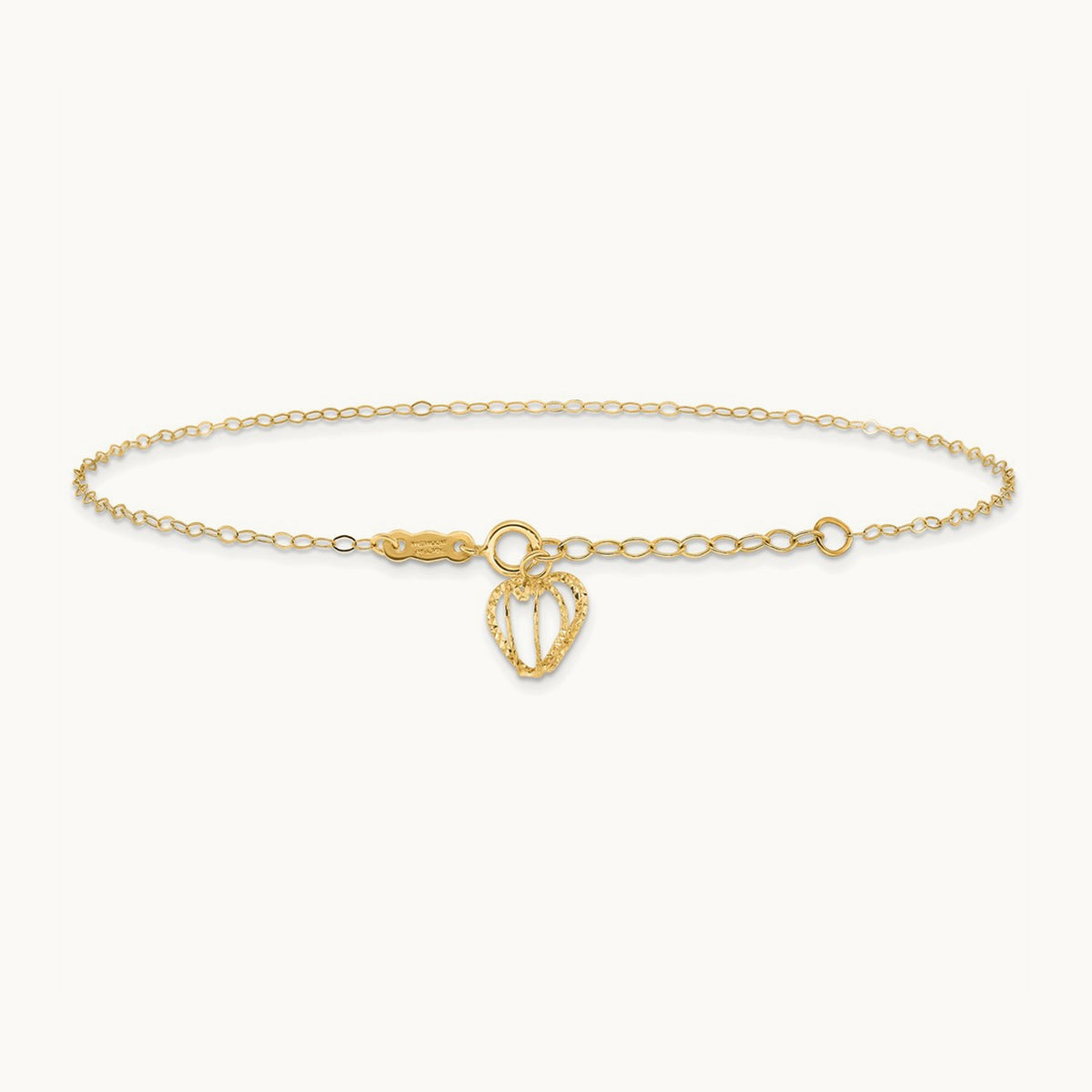 Oval Link Chain with Diamond-cut Heart Cage 9in Plus 1in Ext Anklet, 14K