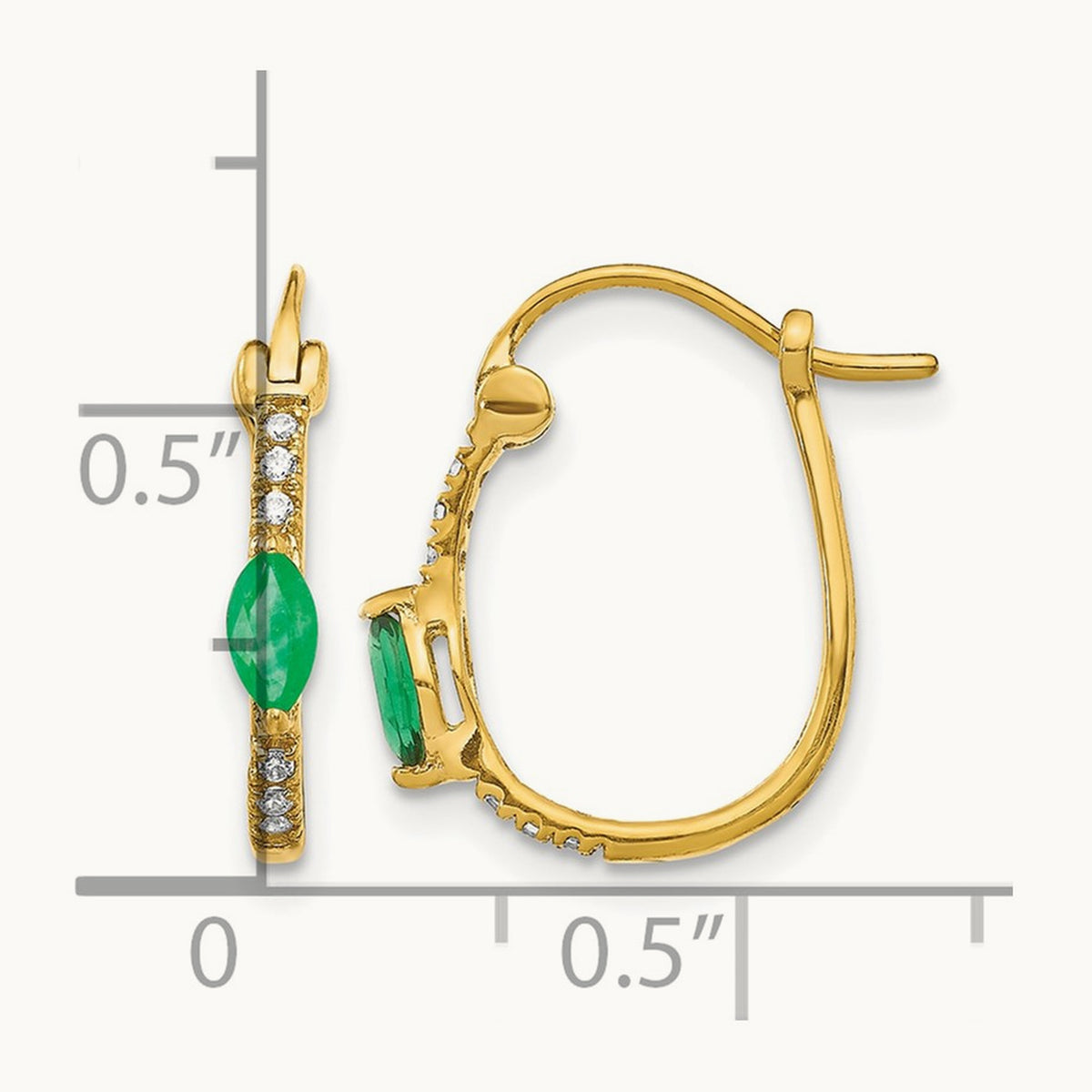 1/20ct Diamond and Emerald Oval Hoop Earrings, 14K