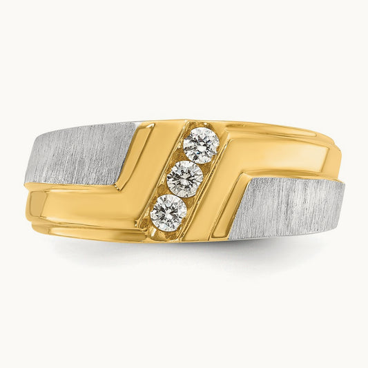 14ktt IBGoodman Men's Polished Satin & Grooved 3-Stone Diamond Ring