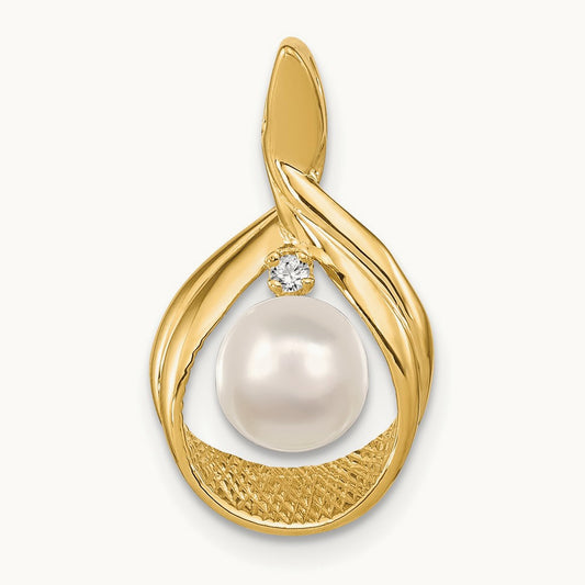 7- White Round Freshwater Cultured Pearl AA Diamond Pendant, 8mm, 14K