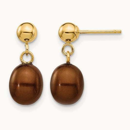 6- Brown Rice Freshwater Cultured Pearl Post Dangle Earrings, 7mm, 14K