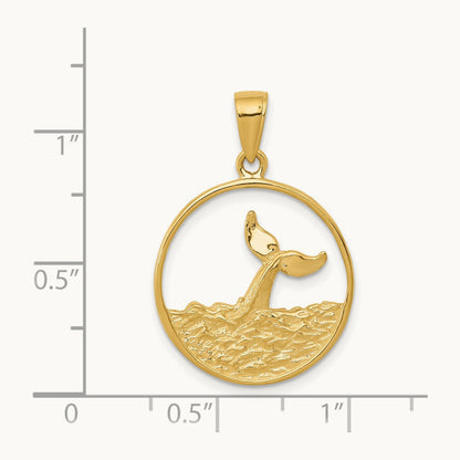 Whale Tail in Circle with Waves Pendant, 14K