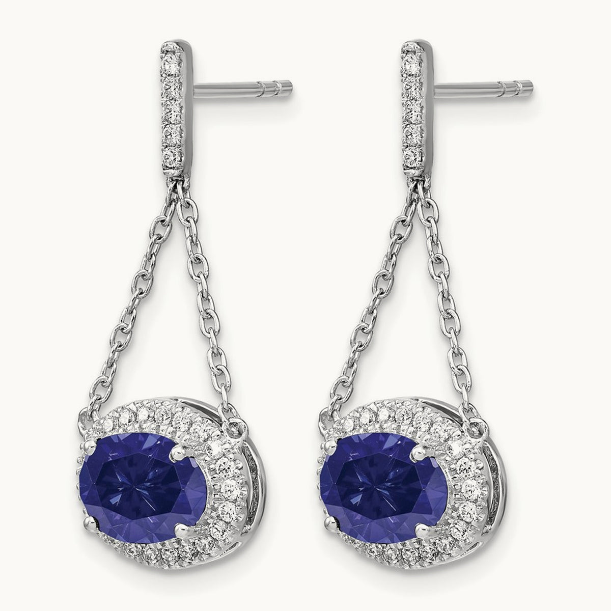Oval Created Sapphire and Diamond Dangle Earrings — photo set