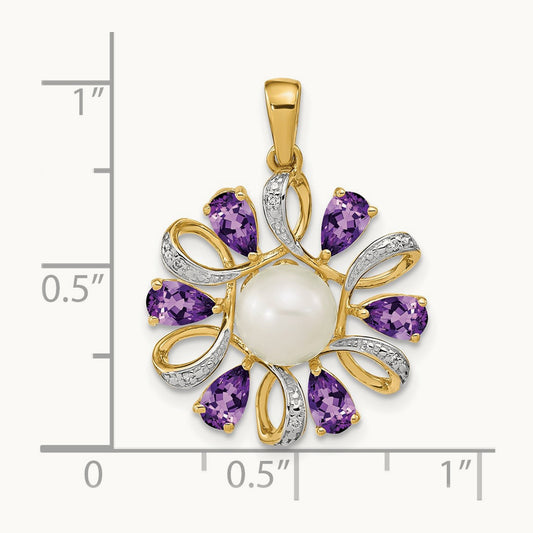 Diamond and 6- Button FWC Pearl/Amethyst Pendant, 7mm, 14K