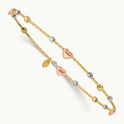 Tri-color Heart Diamond-cut Slip-on Bangle, 14K