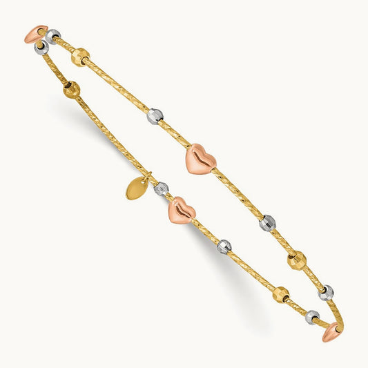Tri-color Heart Diamond-cut Slip-on Bangle, 14K