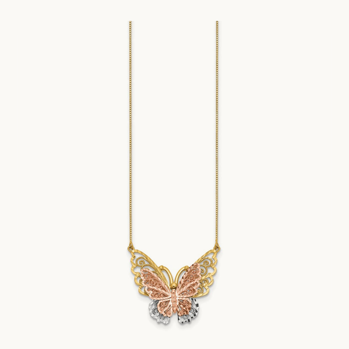& Rose Gold w/ Rhodium Butterfly Necklace, 14K Yellow