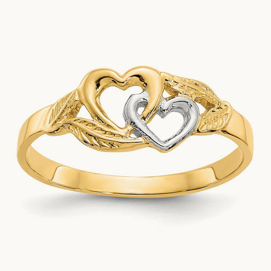 Polished 2 Hearts Ring, 14K with White Rhodium