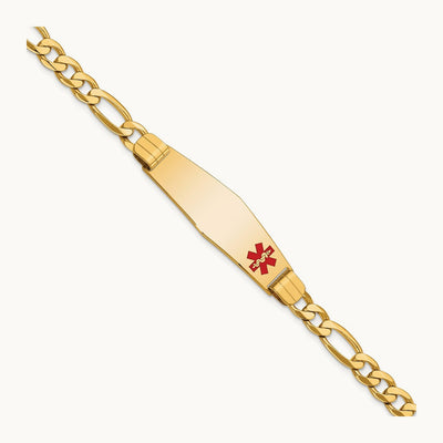 Medical Soft Diamond Shape Red Enamel Flat Figaro Link ID Bracelet, 14K