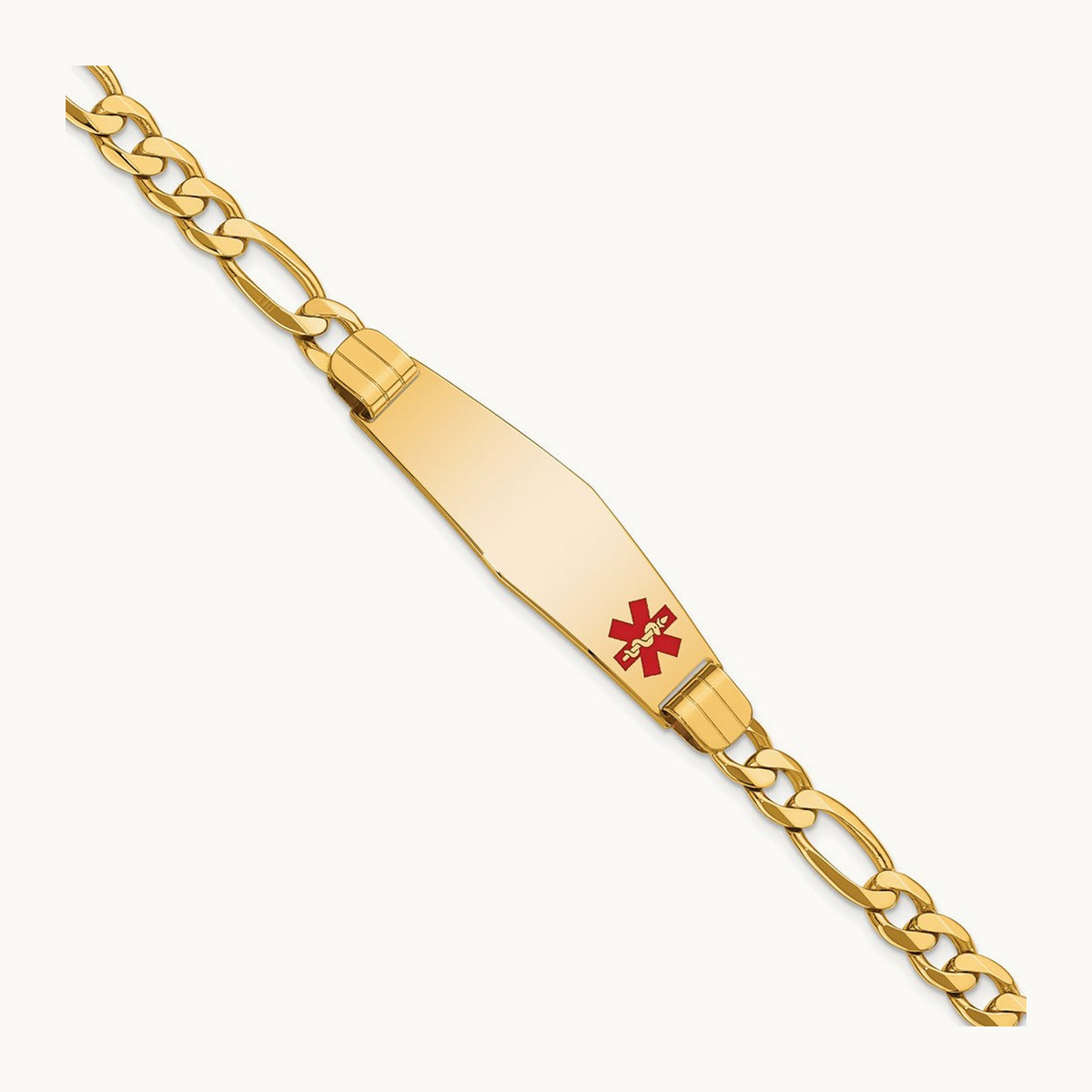 Medical Soft Diamond Shape Red Enamel Flat Figaro Link ID Bracelet, 14K