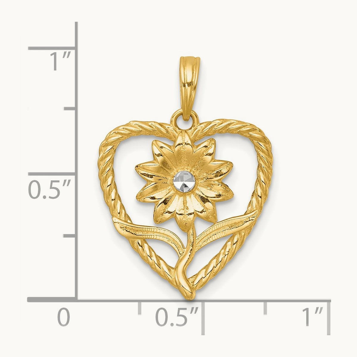 Polished Flower In Heart Charm, 14K with White Rhodium