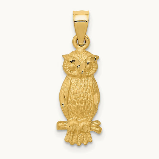 Satin Diamond-cut Owl Pendant, 14K