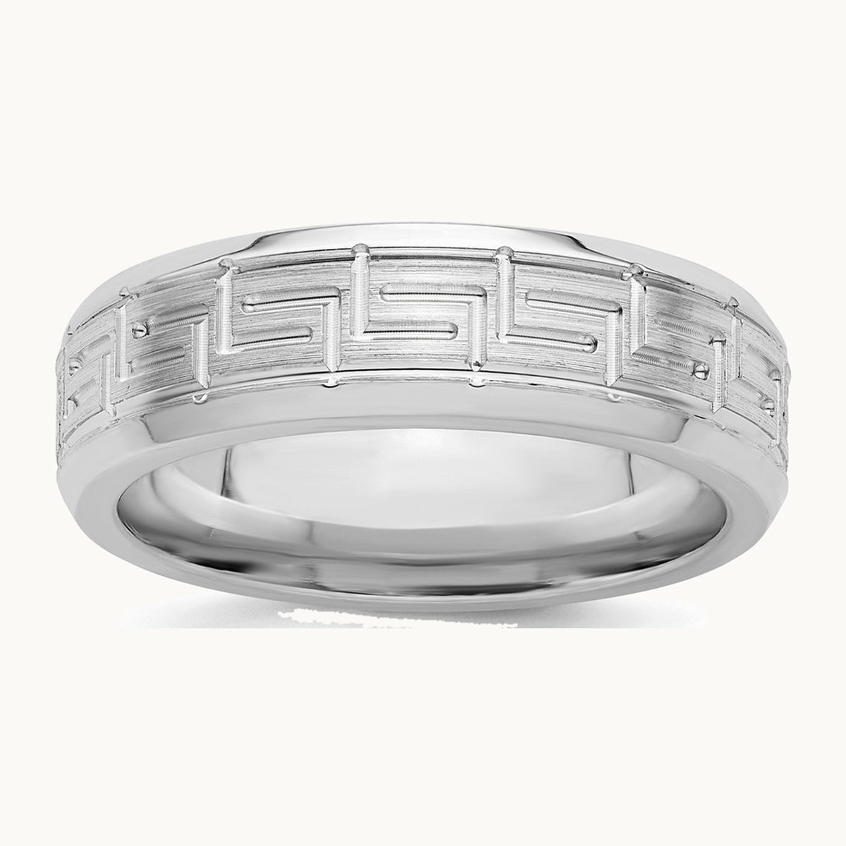 Sterling Silver Rhodium-plated Grooved 6mm Brushed Greek Key Band