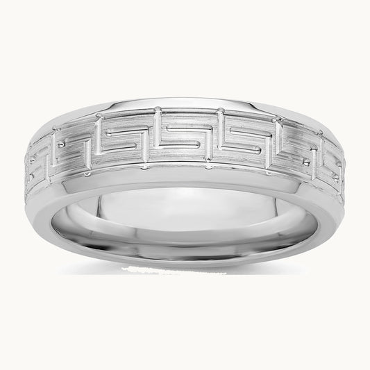 Sterling Silver Rhodium-plated Grooved 6mm Brushed Greek Key Band