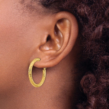 Diamond-cut Round Omega Back Hoop Earrings — 14K Yellow Gold, 3x27mm