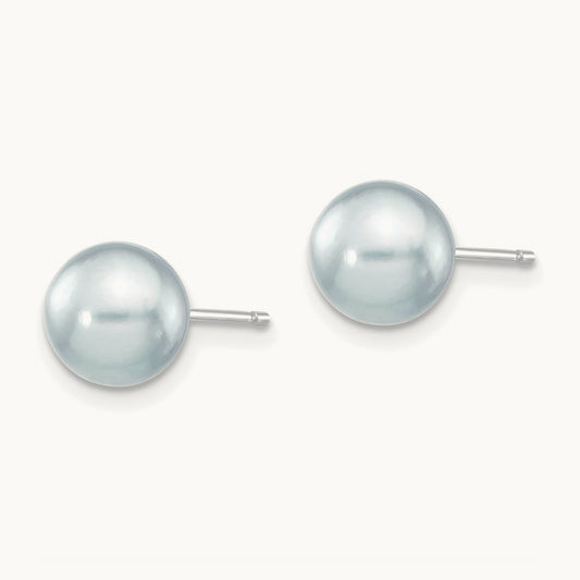 7- Round Grey Saltwater Akoya Cultured Pearl Earrings, 8mm, 14K White Gold