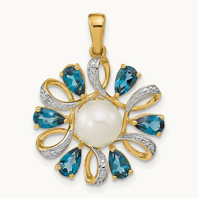 Diamond and 6- Button FWC Pearl/London Blue Topaz Pendant, 7mm, 14K