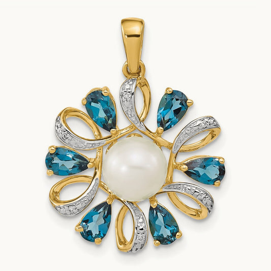 Diamond and 6- Button FWC Pearl/London Blue Topaz Pendant, 7mm, 14K