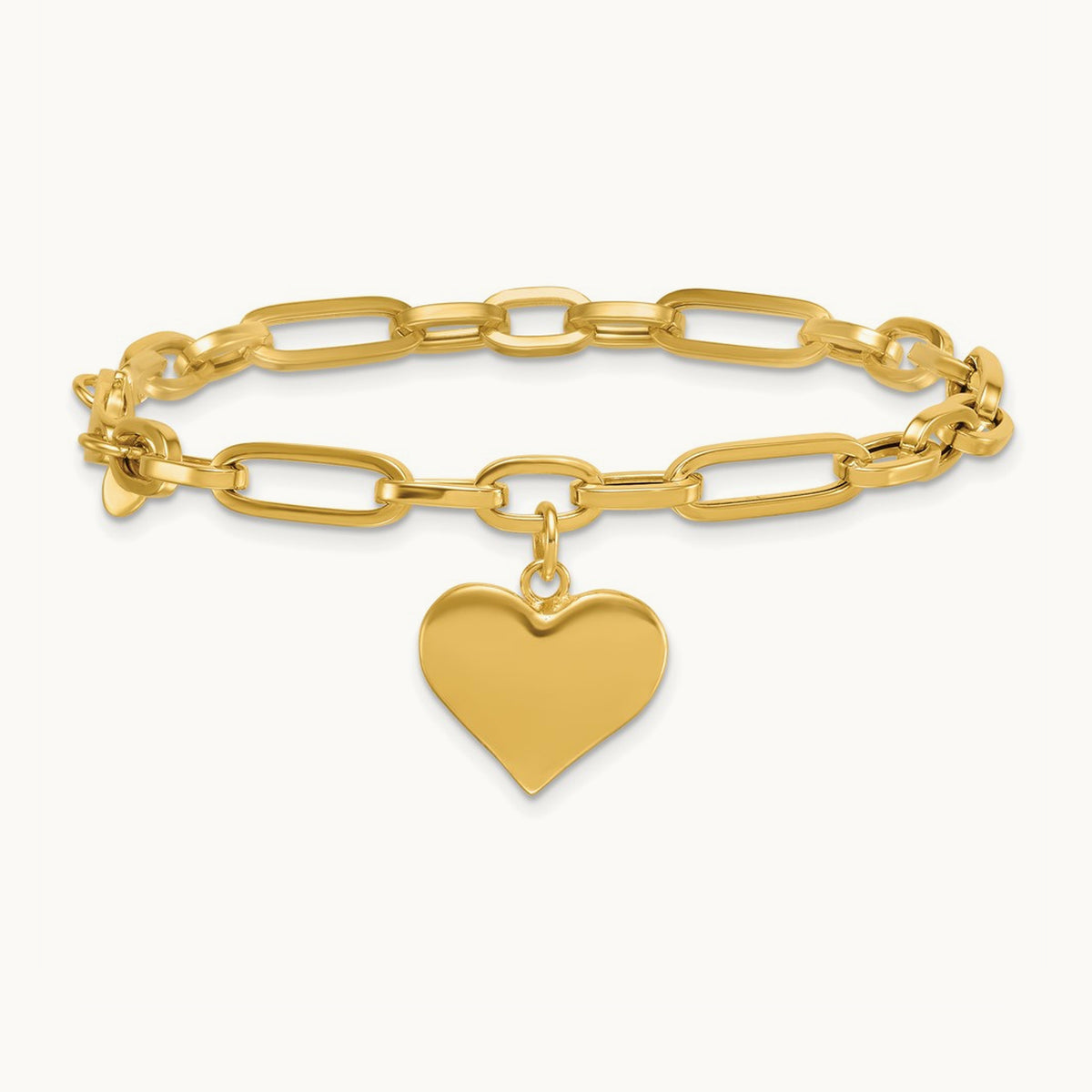 Polished Paperclip Link With Heart Dangle 7.5in Bracelet, 14K