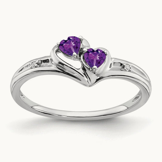 Amethyst and Diamond 2-stone Heart Ring, 14K White Gold