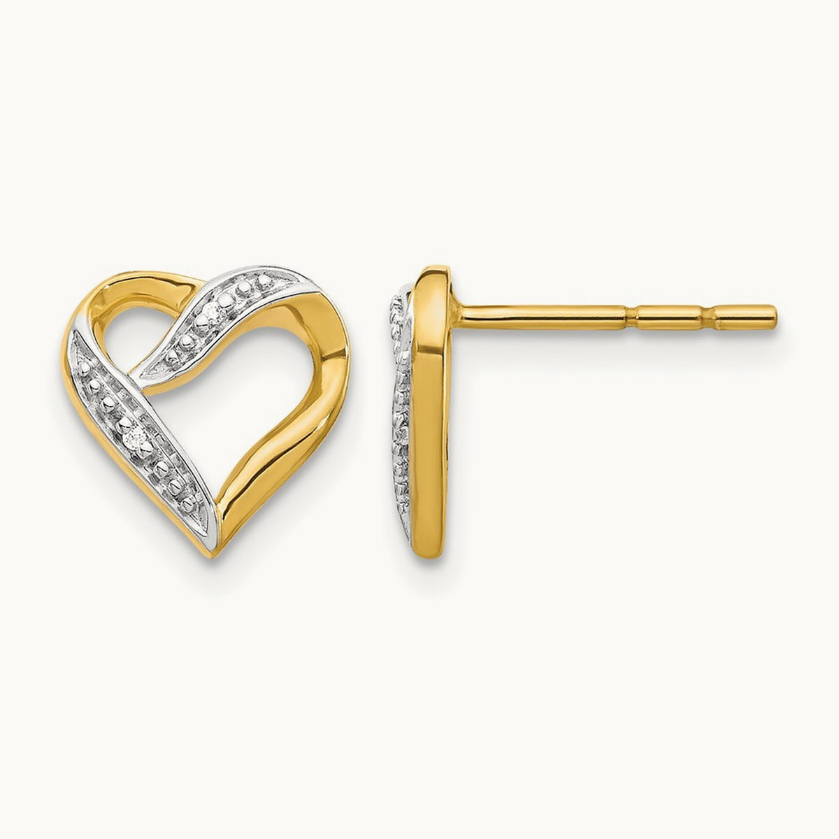 Diamond Heart Post Earrings with Rhodium — 9mm