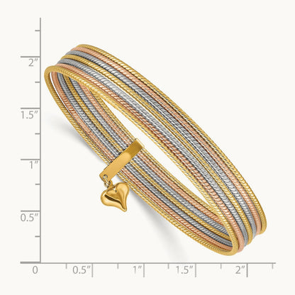 Tri-color w/ Dangle Heart Oversized Set of 7 Textured Slip-on Bangles, 14K